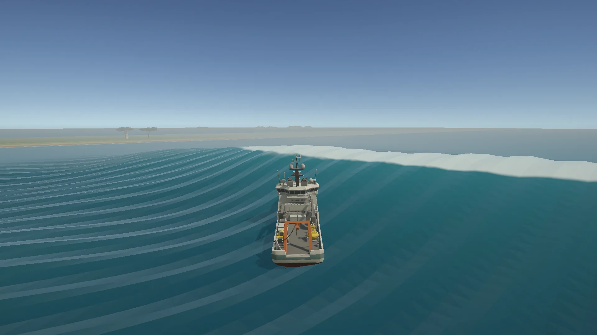 Navio oceânico visto por trás, aproximando-se de uma onda gigante com crista branca.