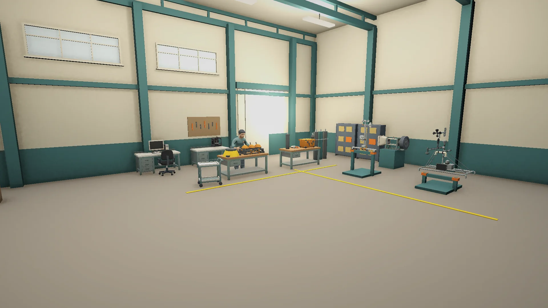 Interior da Oficina de Sensores, com instrumentos em bancadas e suportes, um técnico trabalhando e marcações amarelas no piso.